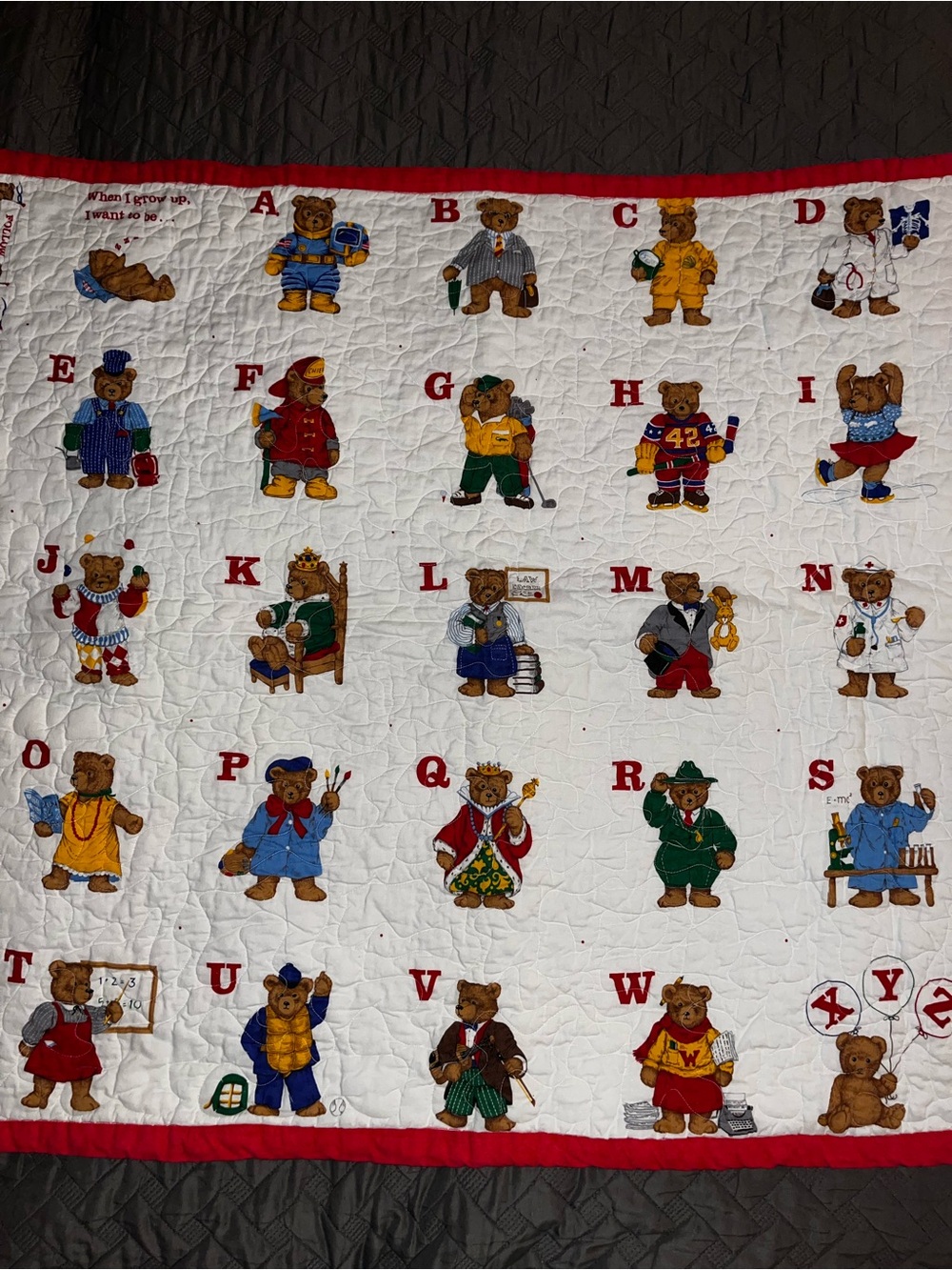Vintage Alphabet Teddy Bear Nursery Quilt - White with Red Trim